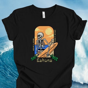 Kahuna Surfing Mens T-shirt | Gift for Surfers | Skeleton Surfer Surfboard | Hawaiian Shirt | Santa Cruz Shirt