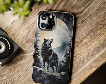May include: A black phone case with a wolf howling at the moon. The moon is a light blue and white color. The background is a dark forest with trees and stars.