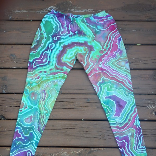 Large Green, Pink, Purple, and Blue Geode Tie-dye / Ice-dye Midrise Leggings, 92/8% Cotton/Spandex