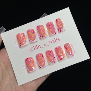 Read Description!! Size XS Duck Shape Hibiscus Y2K Gel Pink and Orange White French Tip Press On Nails