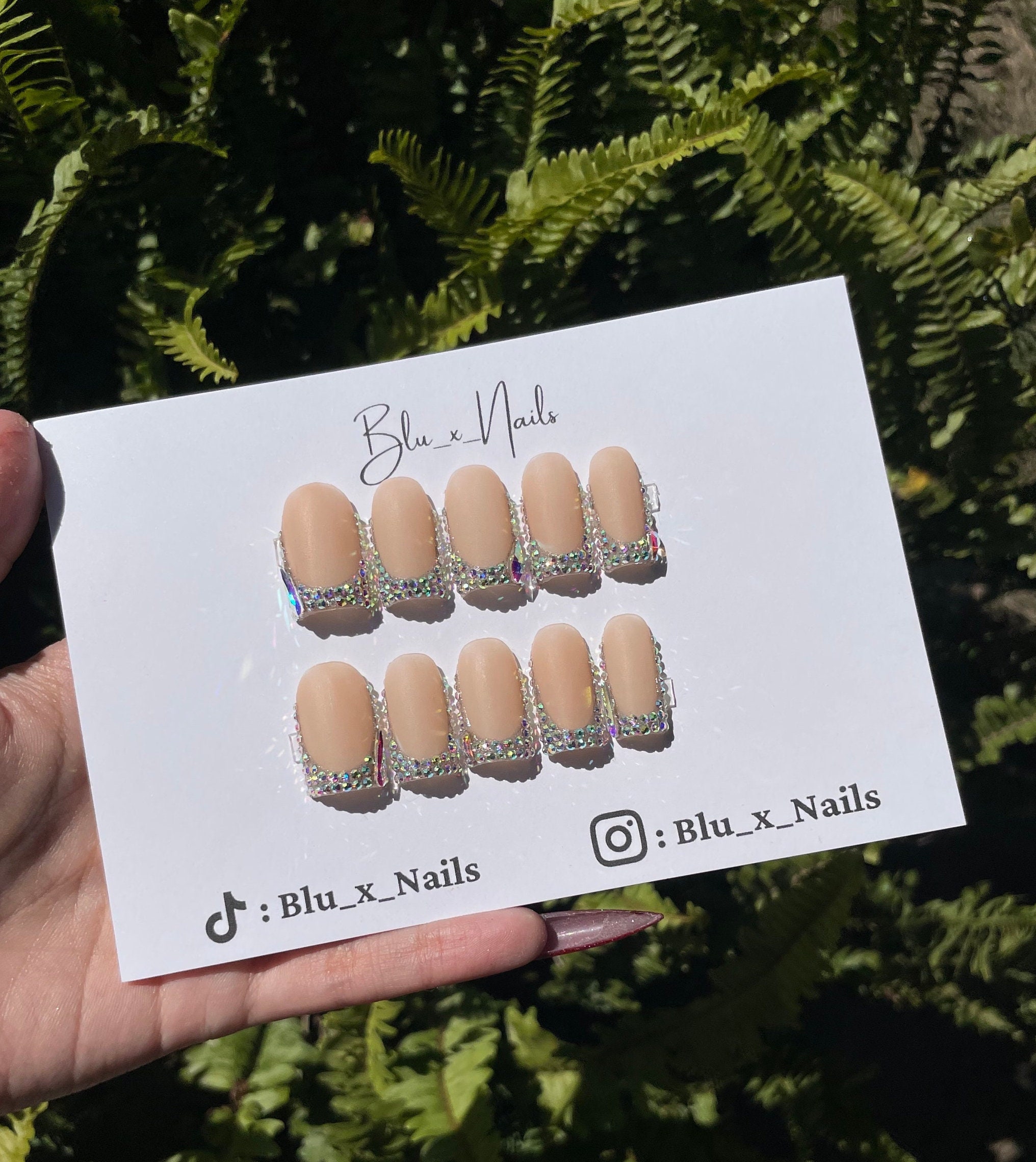 PLEASE READ DESCRIPTION: Blinged Ab Rhinestone Instagram Baddie French Tip Square Press on Nails