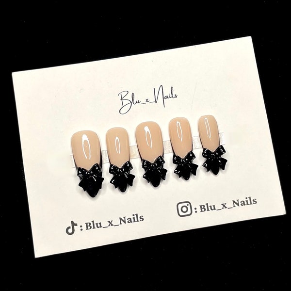 Black French Tip Croquette Minimalist Black Bow Tan Almond Gel Press On Nails