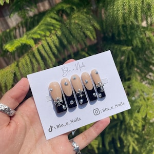 PLEASE READ DESCRIPTION: Black French Tip Y2K Grunge Goth Emo Cross Alternative Square Press On Nails