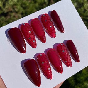 Medium Almond Matte Jelly Red Burgundy Valentines Day Maroon Heart Rhinestone French Tip Pinterest Press On Nails
