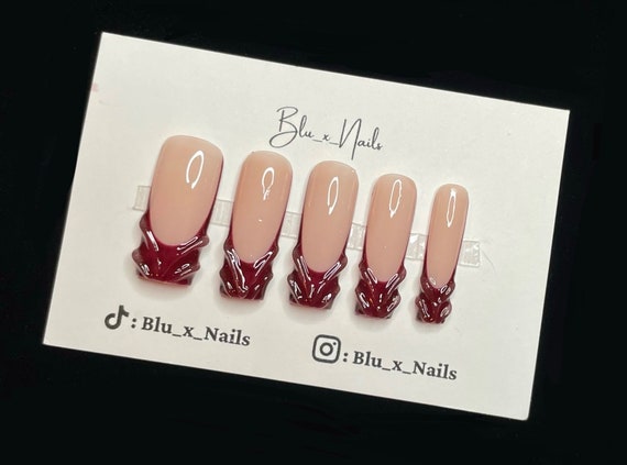 Wine Red Burgundy 3D Gel Line Art Tan Base Square Press On Nails