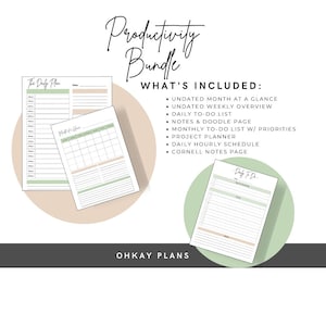 May include: A Productivity Bundle featuring planner pages. The bundle includes undated monthly and weekly overviews, daily to-do lists, notes pages, a project planner, and a daily hourly schedule. The text "Productivity Bundle" is written in cursive.