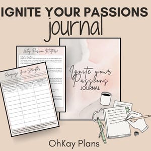 Könnte beinhalten: Ein Journal mit dem Text "IGNITE YOUR PASSIONS journal" in Schwarz. Das Journal hat ein Aquarelldesign und die Worte "Ignite your Passions JOURNAL". Es gibt auch Arbeitsblätter mit Eingabeaufforderungen.