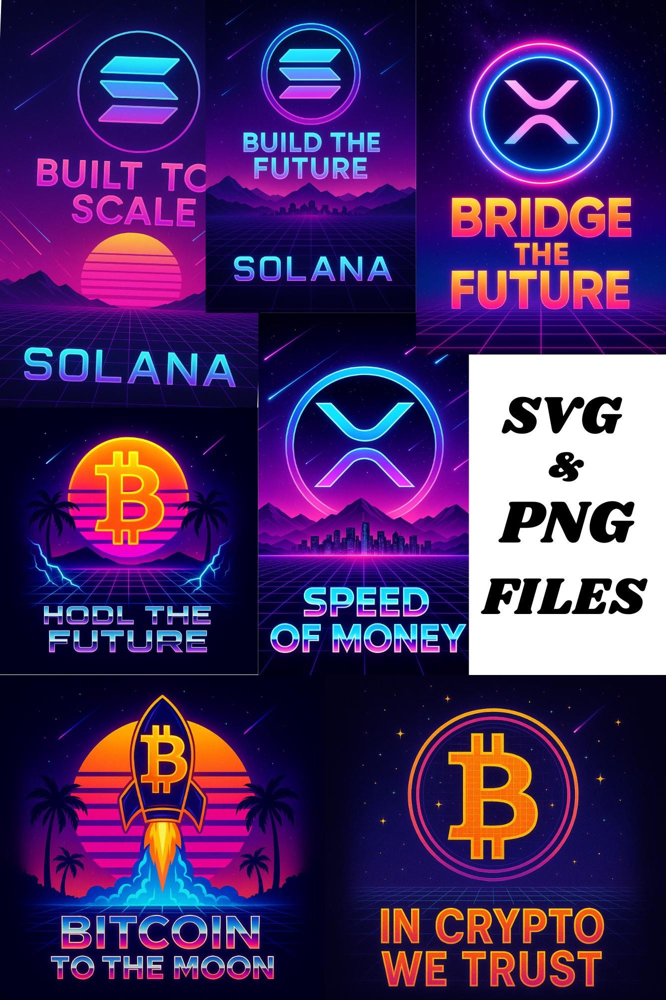 7 Retro Crypto SVG, Png Bundle | Bitcoin, XRP, Solana Neon Wall Art | HODL  the Future | Digital Download for T-Shirts, Mugs & Decor