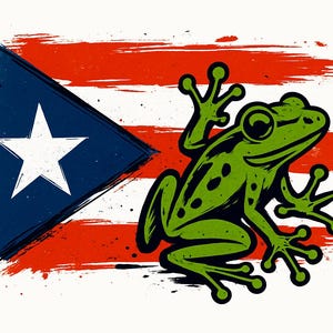 May include: A green cartoon frog with black spots and outlines is featured in this illustration. The frog is positioned in front of a Puerto Rican flag, with a white star on a blue triangle and red and white stripes.