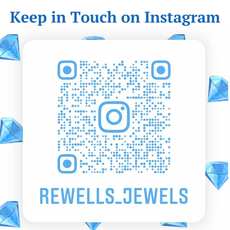 May include: A white square with a blue Instagram QR code and the text "Keep in Touch on Instagram" at the top. The QR code has a blue Instagram logo in the center. Below the QR code is the text "REWELLS_JEWELS". The background is white with blue diamond shapes around the square.