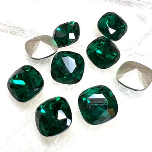 12mm Emerald Green Cushion Cut Rhinestones (2) for Clothing and Accessories, Illuminate Article 4470