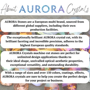 May include: A close-up of colorful crystals with the text "About AURORA Crystals" at the top. The text below describes AURORA Crystals as a European multi-brand, sourced from different global suppliers, including their own production facilities. The text also describes the exceptionally brilliant AURORA crystal cut, with its brilliant faceting and incredible precision, adhering to the highest European quality standards.