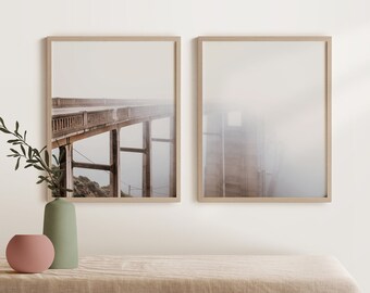 Minimal Modern Abstract Big Sur Fog Wall Art Set of 2 Prints, Architectural Bixby Bridge Organic Neutral Printable Digital Download File