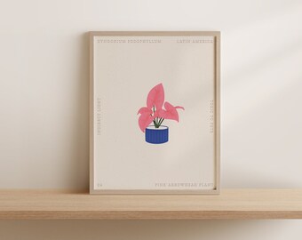 Minimal Modern Pink Arrowhead Plant Facts Wall Art Print, Syngonium Podophyllum Printable Digital Download File