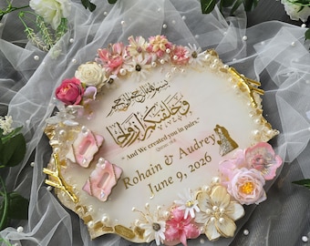 White Blush Floral Nikkah Tray with Pearls, Crystals, Gold Detailing