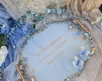Personalized Royal Resin Wedding Tray with Ring Holders & Charms