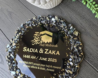 Hajj Mubarak Plaque, Black & Gold Resin with Crystal Accents