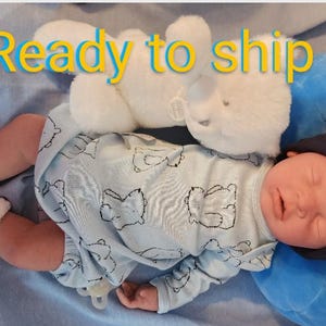 May include: A sleeping baby doll wearing a blue and white patterned onesie, white socks, and a blue hat with ears. The doll is lying on a blue and white blanket with a white stuffed animal.