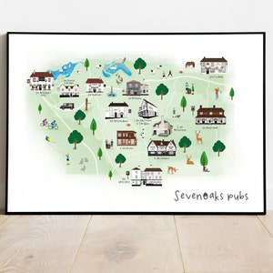 Sevenoaks Pubs Illustrierte Landkarte - Landschaft / Landkarte / Kunst / Druck / Geschenk