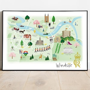 Windsor Illustrated Map - ft Windsor Castle, Frogmore House, St. Georges Chapel, Eton College, Windsor Racecourse and some friendly corgis