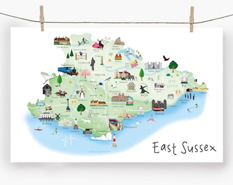 East Sussex Tea Towel /Towel / Map / Art / Print / Gift