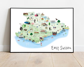 East Sussex Illustrated Map - ft Brighton, Hastings, Crowborough and Rye