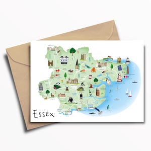 Könnte beinhalten: Eine farbenfrohe, illustrierte Karte von Essex, England, mit Sehenswürdigkeiten und interessanten Orten. Die Karte ist grün und blau auf weißem Hintergrund. Der Text "Essex" steht in Schwarz unten links auf der Karte.