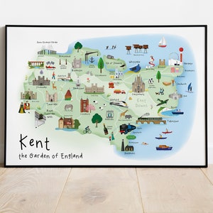 Carte illustrée du Kent - Canterbury, Whitstable, Margate et Sevenoaks