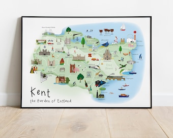 Kent Illustrated Map - ft Canterbury, Whitstable, Margate and Sevenoaks