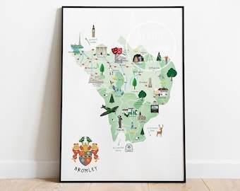Mapa ilustrado de Bromley - Retrato / Mapa / Arte / Impresión / Regalo