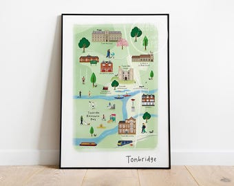 Mapa ilustrado de la ciudad de Tonbridge: retrato, mapa, arte, impresión y regalo
