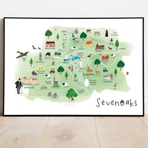 Sevenoaks geïllustreerde kaart - ft Knole Park, Sevenoaks Wildlife Reserve en Chartwell
