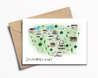Sevenoaks Pubs Illustrated Map / Art / Print / Type / Card /A5