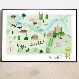 Mappa illustrata di Windsor - con il Castello di Windsor, Frogmore House, la Cappella di San Giorgio, l'Eton College, l'Ippodromo di Windsor e alcuni amichevoli corgi