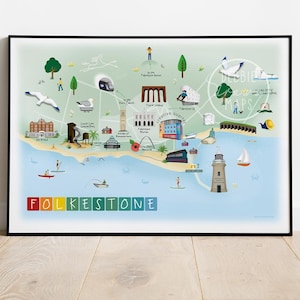 Folkestone illustrierte Karte - ft das Creative Quarter, Hafenarm, Sunny Sands und mehr