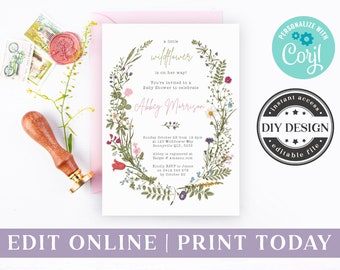Editable Wildflower Baby Shower Invitation, Instant Download Corjl Template Vintage Floral Baby Sprinkle Theme Invite, Our Little Flower WF1
