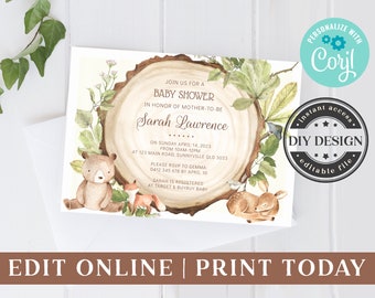 Editable Baby Shower Invitation, Instant Download Corjl Template, Woodland Animals Invite, Bear Fox Deer Greenery Theme Party Digital, WL1