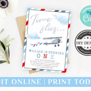Editable Time Flies Invitation, Instant Download Corjl Template, Boy's 1st First Birthday Invite, Vintage Airplane Aeroplane Party Theme, P1