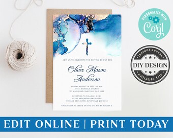 Editable Baptism Invitation Instant Download Corjl Template Boy's Blue Gold Watercolor Christening 1st Birthday Party Invite Ocean Theme BW1