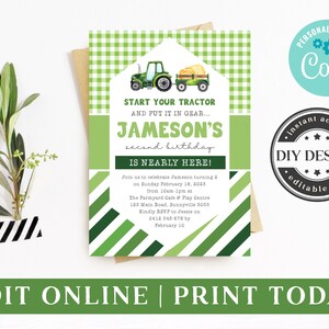 Editable Green Tractor Invitation, Instant Download Corjl Template, Boy 1st 2nd 3rd Birthday Party Invite, Country Farm Theme Digital File