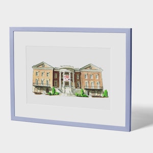 Peut inclure: Une peinture à l'aquarelle d'un bâtiment en brique avec des colonnes blanches et une bannière qui dit "The ____ House". Le bâtiment a un grand porche avant avec des marches menant à l'entrée. Il y a des arbres et des buissons devant le bâtiment.