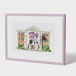 May include: A watercolour painting of a house with a banner that says "ПВФ loves the Tide". The house is painted in shades of orange and brown, with white trim. The banner is painted in shades of purple and white.