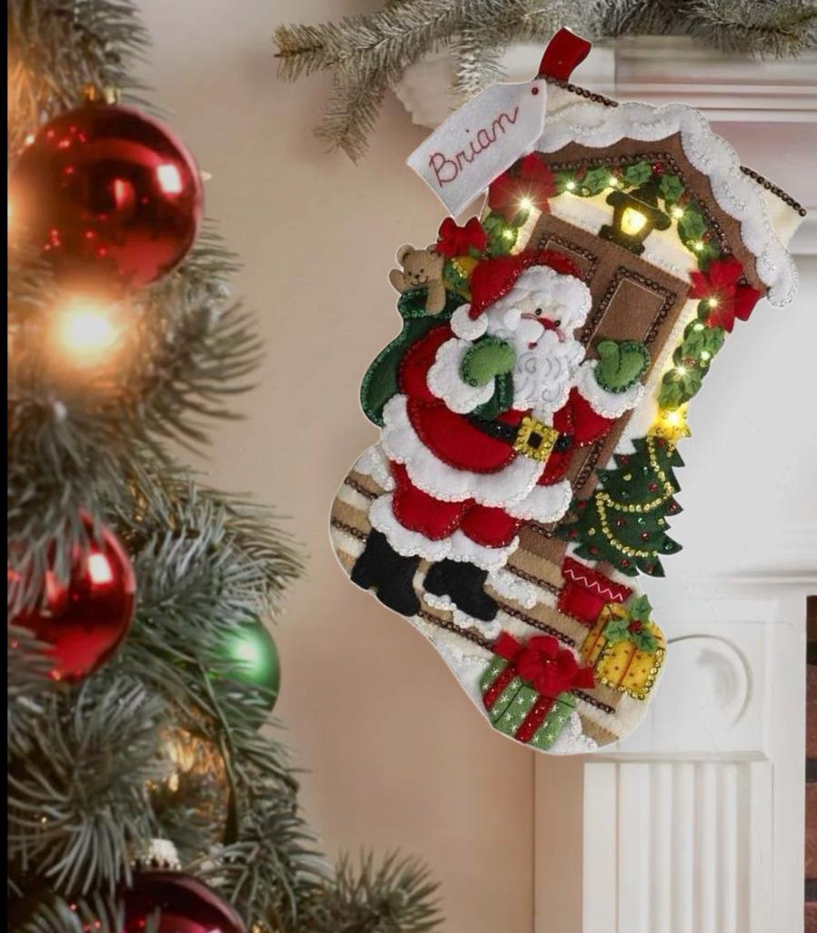Bucilla Christmas Stocking – Santa at The Door – Illuminated Personalized Handmade Heirloom Stocking 18" (Finished Look, Made to Order)
