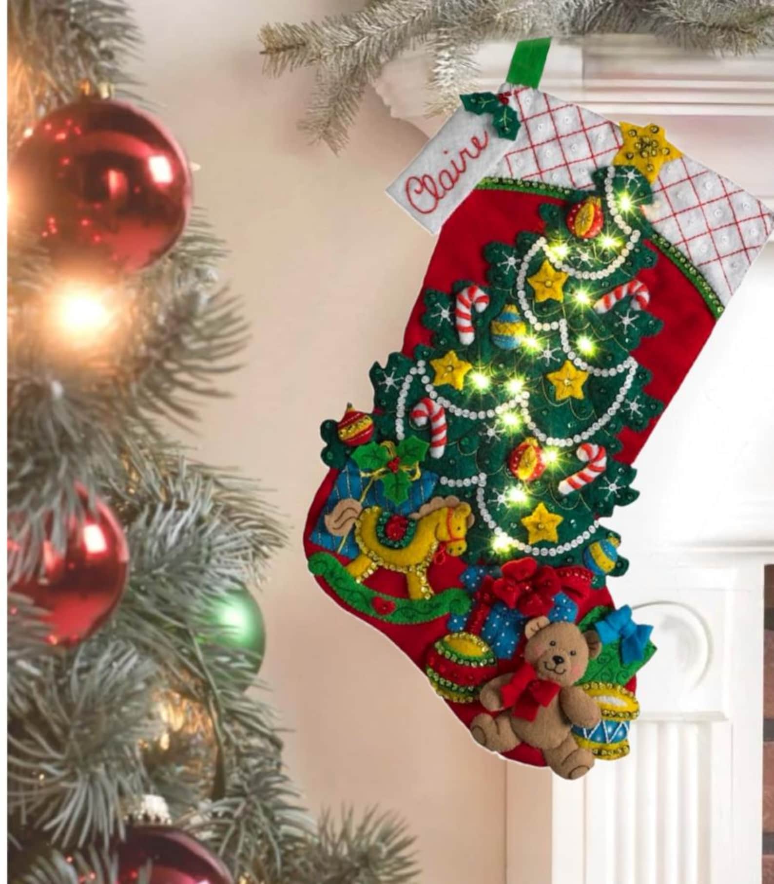 Bucilla Christmas Stocking – Merry and Bright - Illuminated – Personalized Handmade Heirloom Stocking 18" (Finished Look, Made to Order)