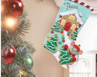 Bucilla Christmas Stocking – Christmas Cookie Mouse  – Personalized Handmade Heirloom Stocking 18" (Finished Look, Made to Order)