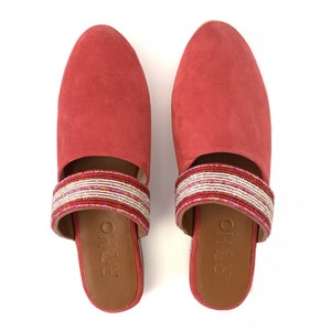 Beaded Suede Mules in Raspberry, Handmade in Kenya