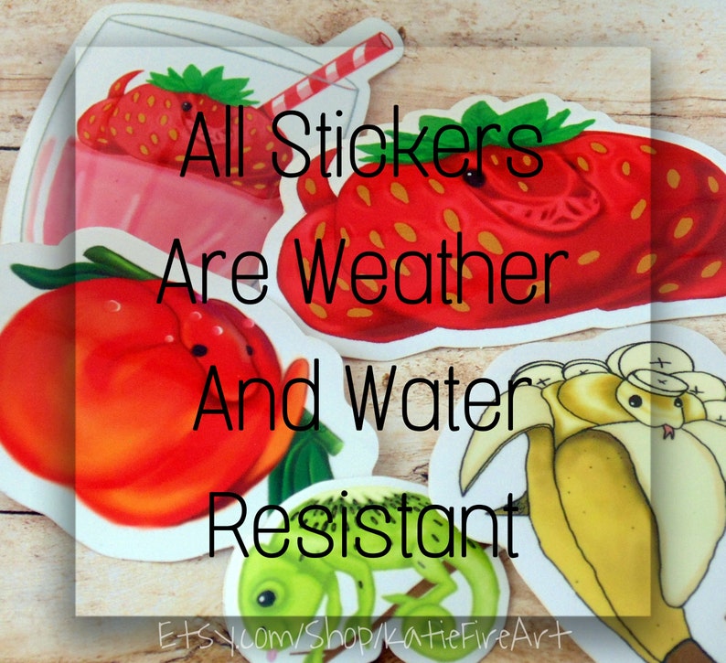 Puede incluir: Surtido de pegatinas coloridas con un batido de fresa, un melocot&oacute;n, un pl&aacute;tano y un lagarto verde. El texto "All Stickers Are Weather And Water Resistant" se muestra en la imagen.