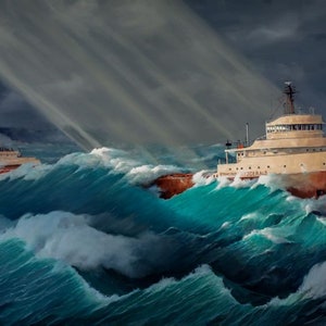 May include: A painting of two ships navigating through rough seas. The larger ship, the "Edmund Fitzgerald", is in the foreground, while a smaller ship is in the background. Both ships are battling large waves and a stormy sky. The painting is a depiction of the Great Lakes.