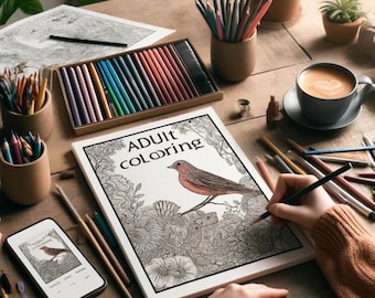 Adult Coloring Pages, Printable Bird Watcher and Woodpeckers Scene, Detailed Nature Coloring, Instant Download, Art Therapy
