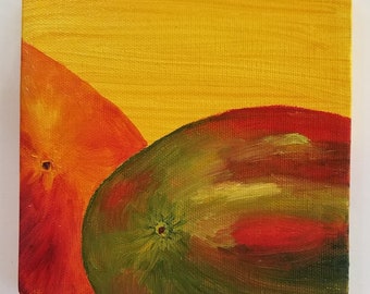 Mangues, Heather Piazza Artiste, Peinture à l’huile sur toile, Mangue, Fruit, Art de cuisine, Jaune, Orange, Rouge, Vert